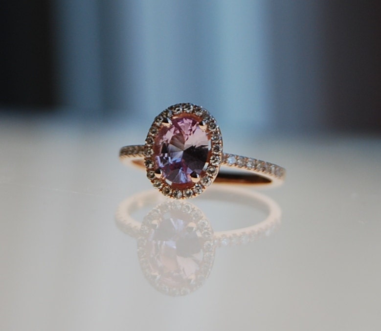 1ct oval purple peach sapphire ring diamond ring 14k rose gold engagement ring