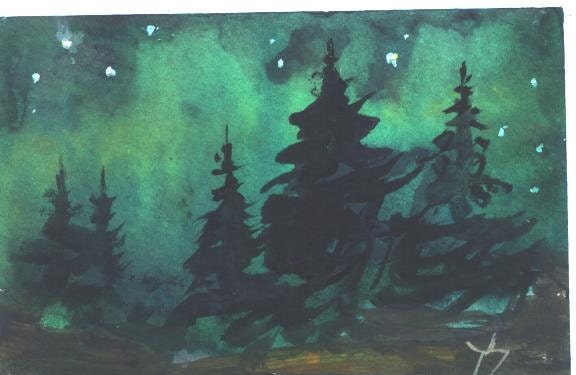 ACEO  North Country Aurora   landscape northern lights painting by Jim Smeltz