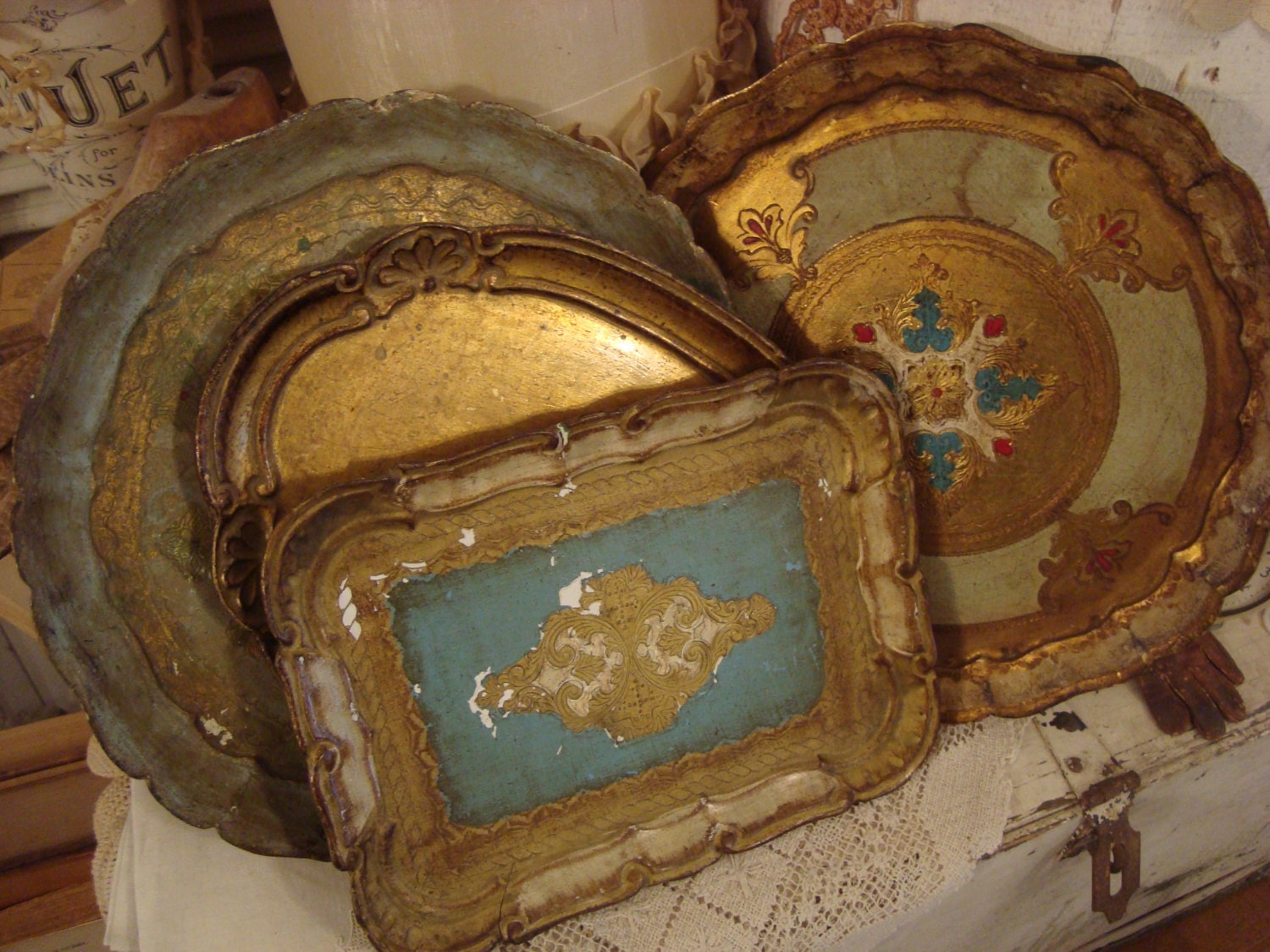 Vintage Shabby Cottage Italy Florentine Wood Tray Set