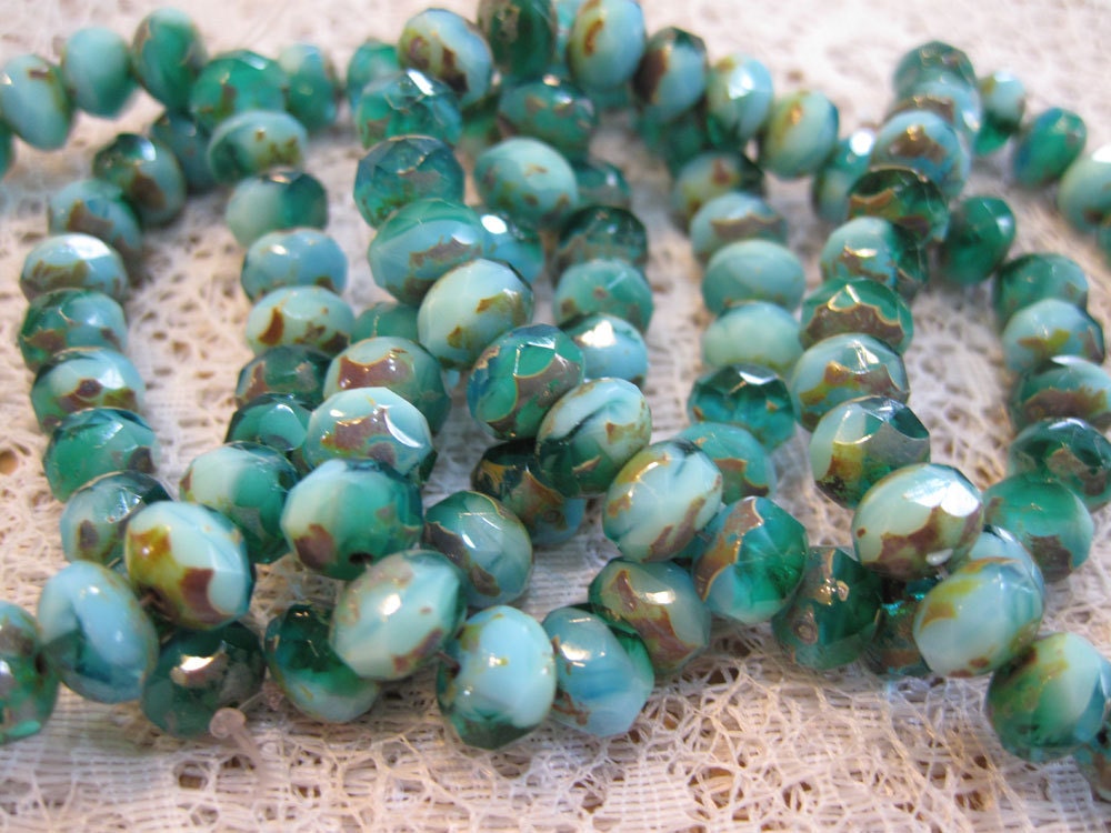 Turquoise Aqua Czech Pressed Glass Large Faceted Rondelles 6mm x 8mm with Picasso