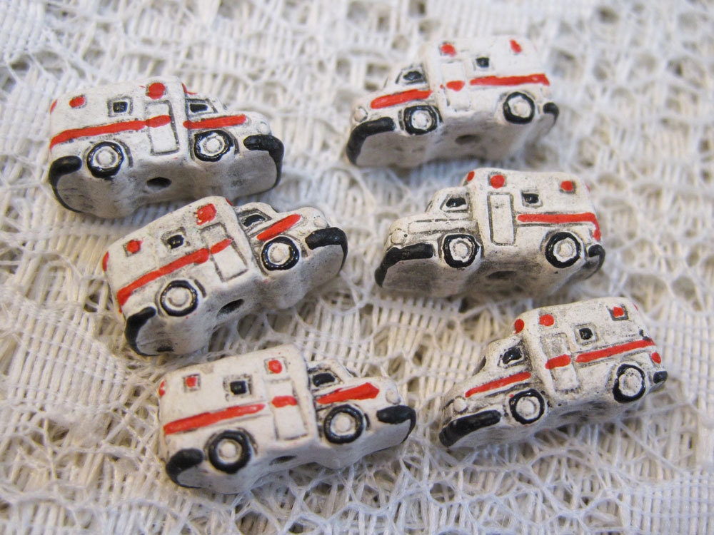6 Tiny Peruvian Ceramic Ambulance Car Beads 7mm x 15mm