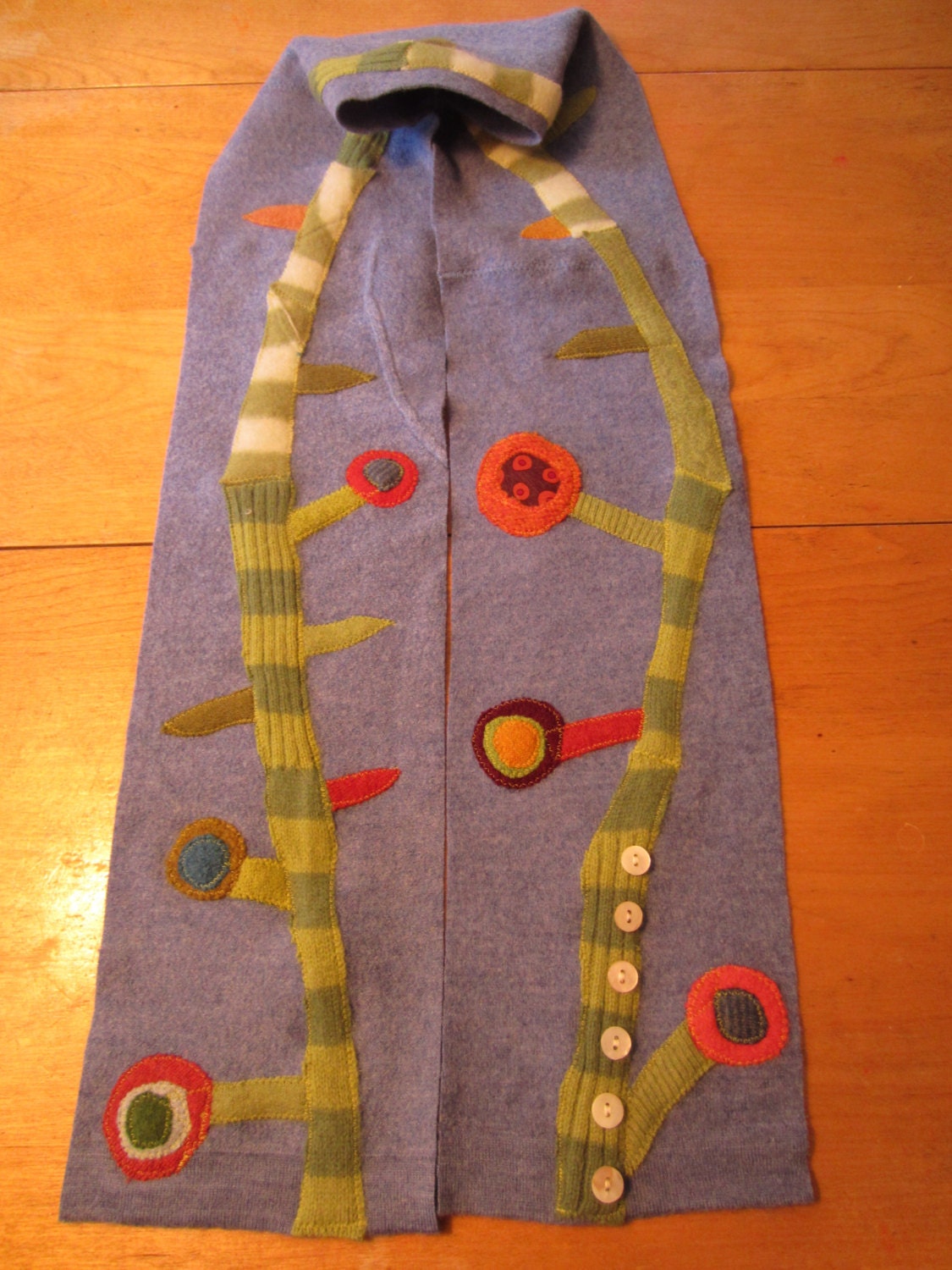 Blue Merino Felted Wool Scarf made from recycled sweaters with vines, thorns, and flowers.