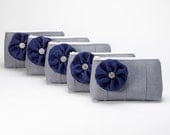 5 Bridesmaids Gifts- Bridal Purses- Wedding Clutches- Bridesmaid Clutches- 5 GREY Clutch with NAVY Flower and Rhinestone Detail