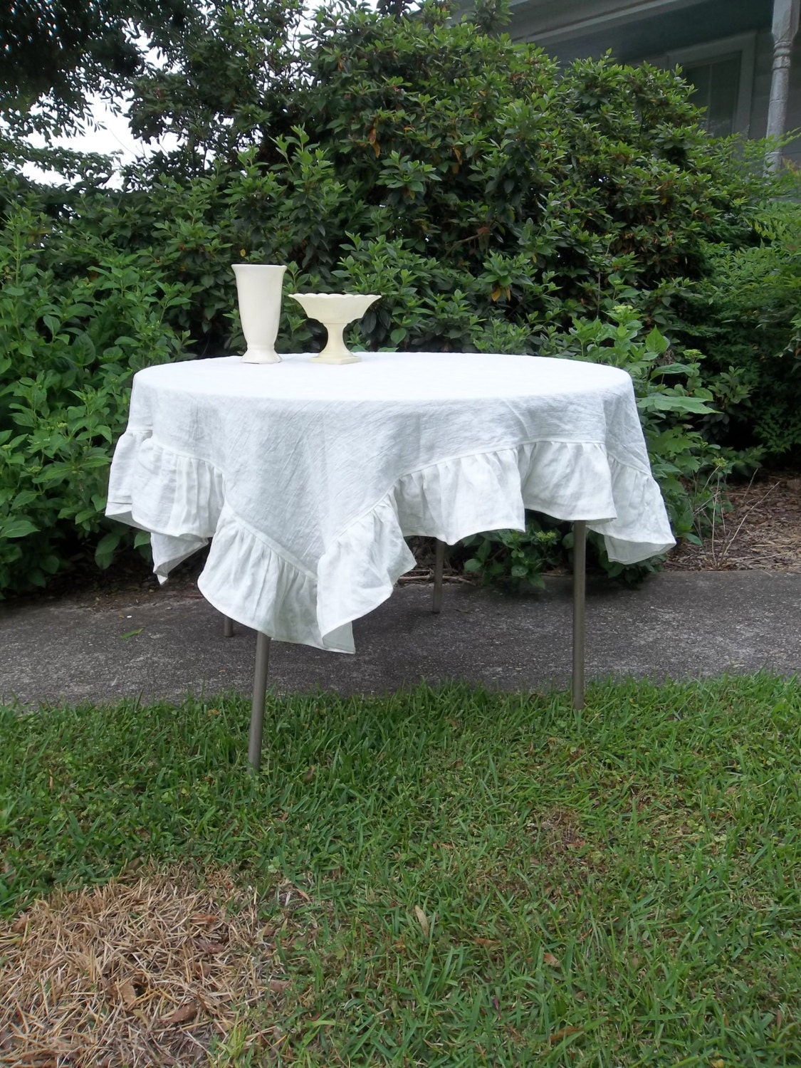 READY to SHIP Linen Ruffled Tablecloth White Linen Handmade Wedding Table Settings French Country Dining Cottage Chic Round Tablecloth