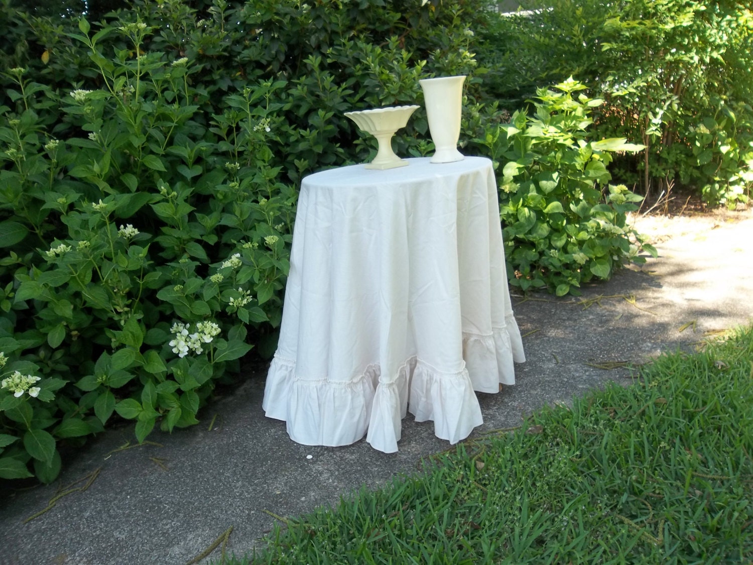 Vintage Tablecloth Bedroom Decor Ecru Ruffled Tablecloth Round Bridal Shower Decor Cottage Chic French Country Supplies Store Display