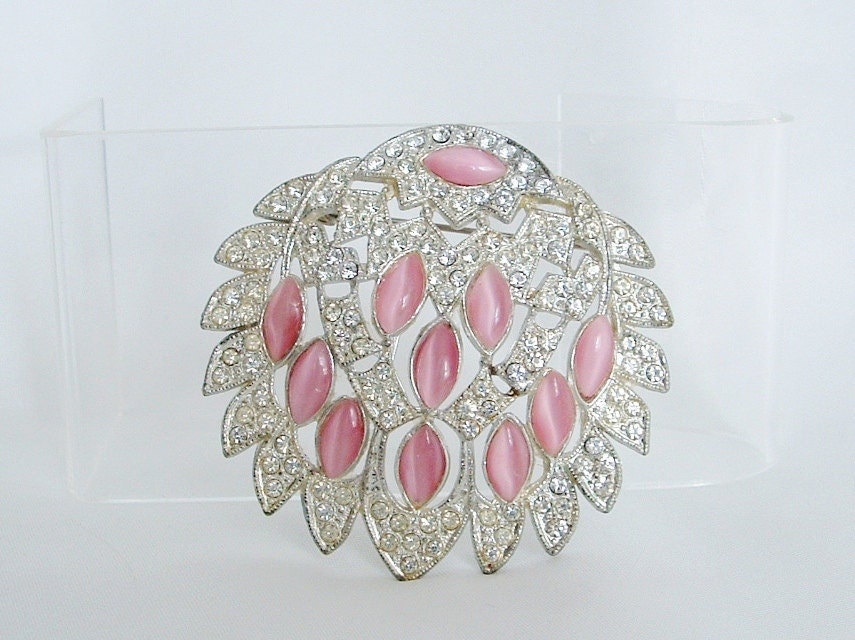 Art Deco Pink Moon Glow & Rhinestone Brooch- Bridal, Wedding