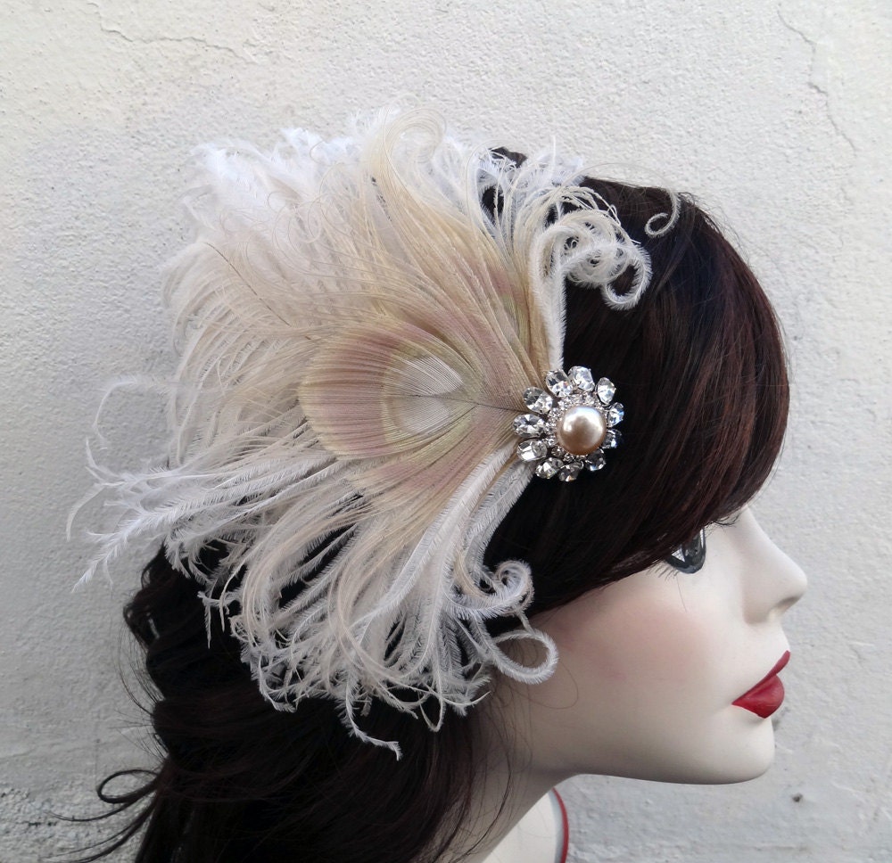 Ivory Peacock Feather Fascinator, Head Piece, Pearl, Champagne. Crystal, Unique Bridal, As Seen In California Wedding Day Spring 2013