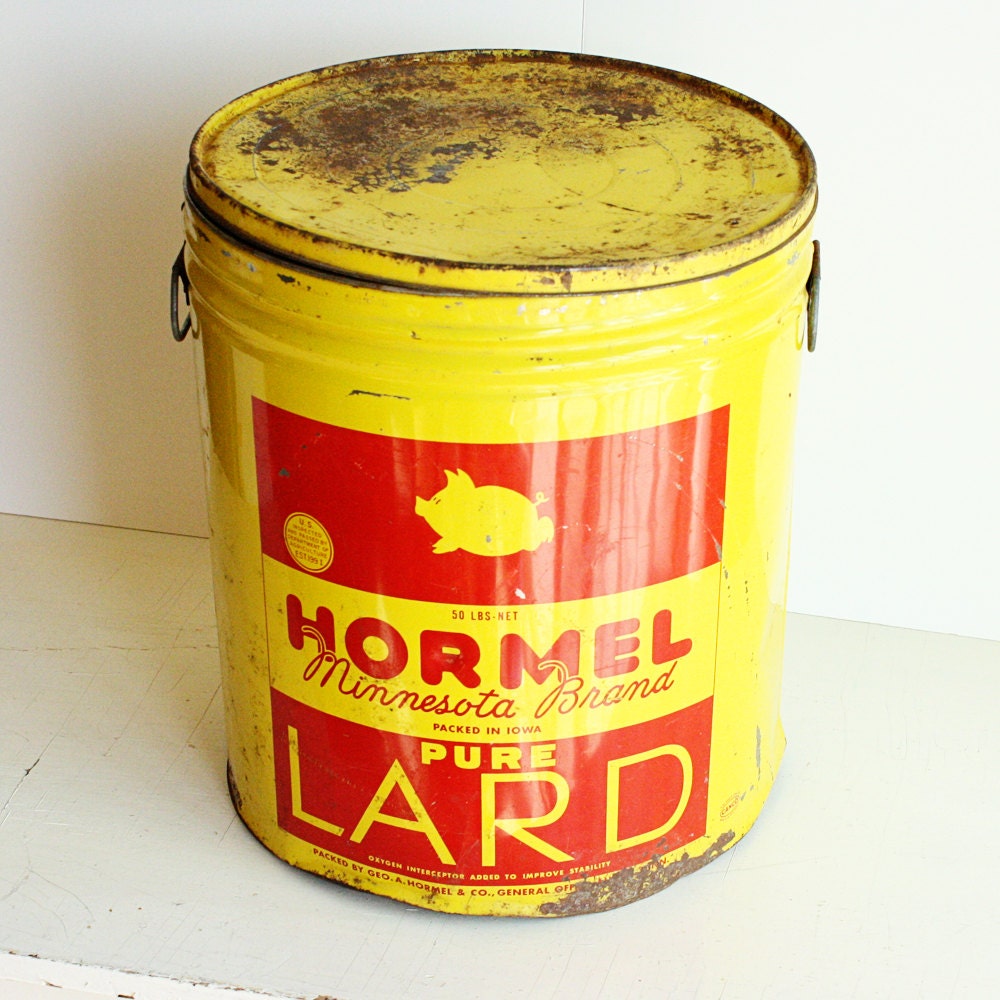 Vintage lard bucket - Hormel - pail - metal - yellow -  Pure Lard - 5 gallons - trash can - umbrella stand