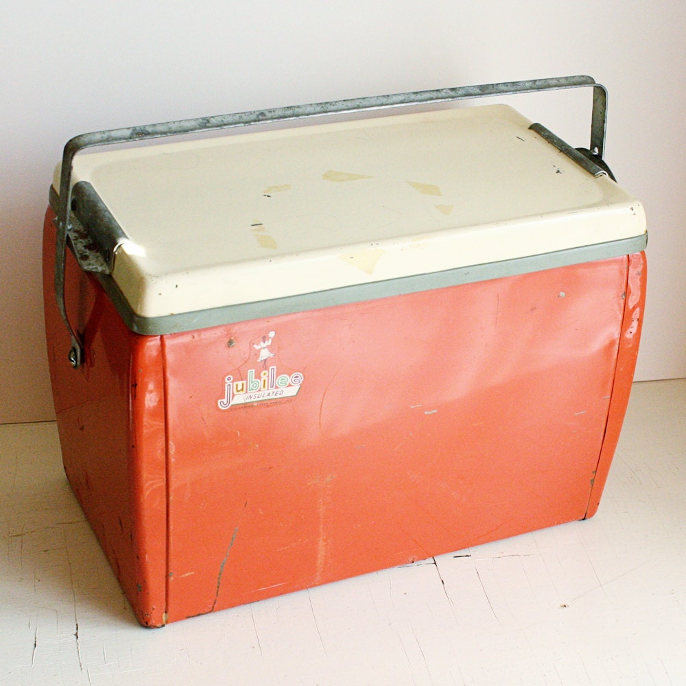 Vintage cooler - ice chest - Jubilee - metal - orange and white
