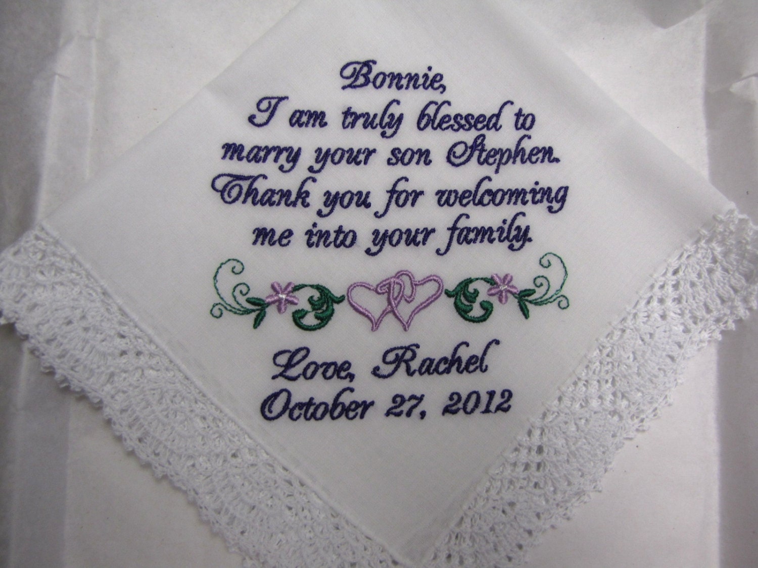 Personalized Wedding Handkerchief for Mother of the Groom from Bride