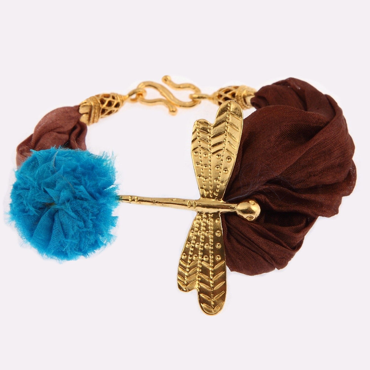 Dragonfly Bracelet - Brown Silk Bracelet - Gold Plated - Boho Chic - Good Luck Bracelet