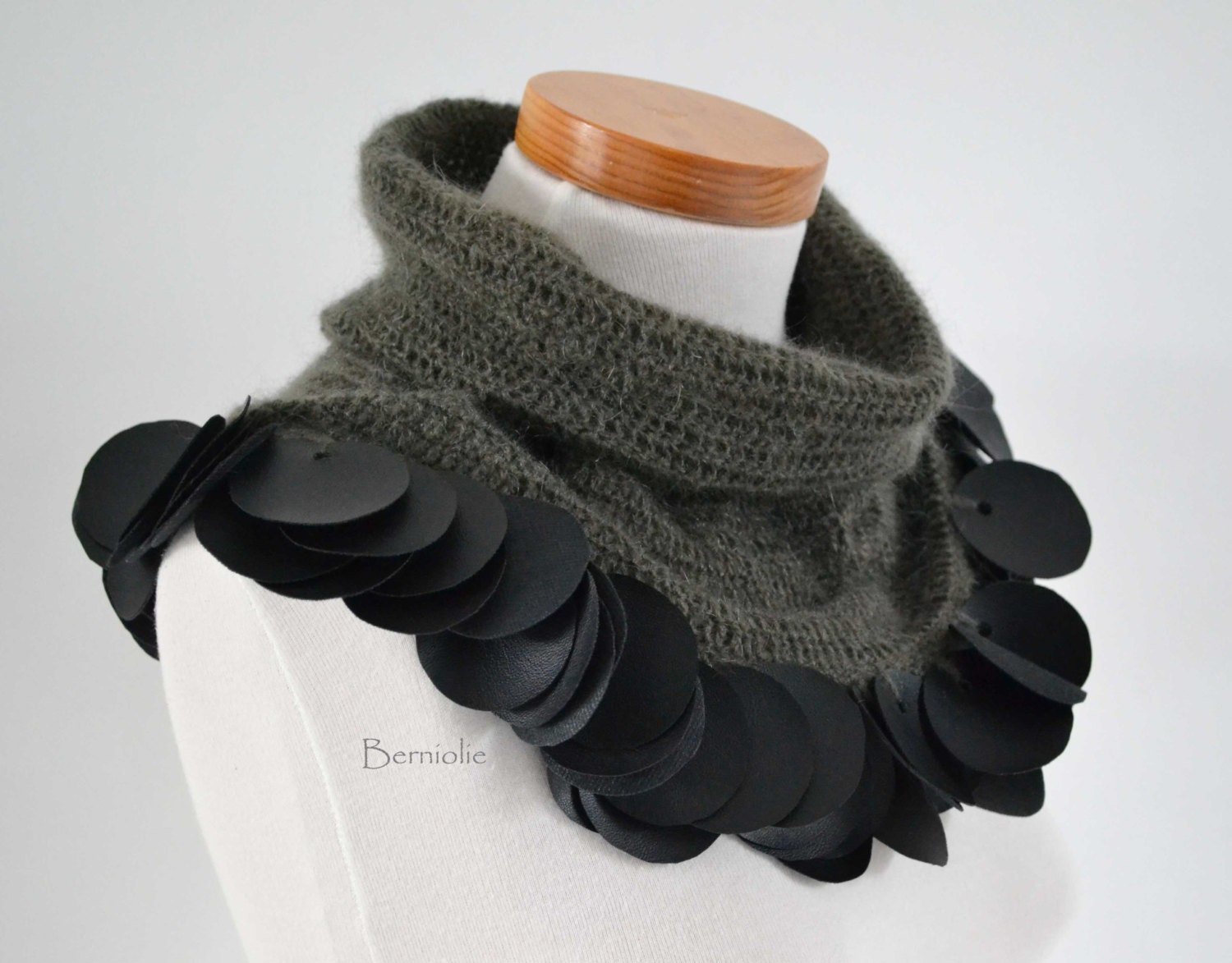 Brown crochet cowl with 99 black leather circles J986