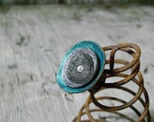 Black Leather Painted Teal Green and Sparkly White Flower Ring on Adjustable Metal Base