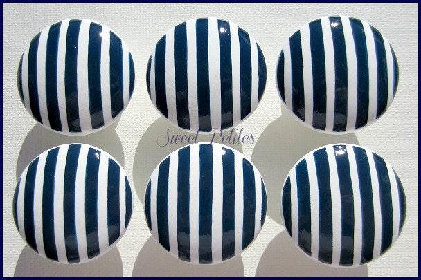 Hand Painted Knobs - Dresser Drawer Knobs - Nautical Stripes - Classic Navy - White - Drawer Pulls