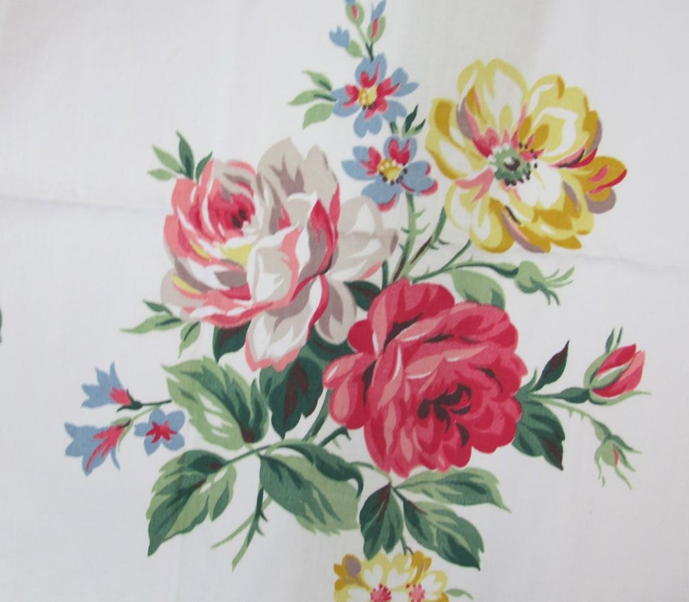 Treasury Item - Vintage Chintz Fabric Panel - Pink Roses Blue Larkspur - Shabby Cottage Style