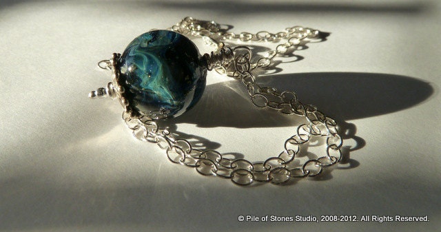 Necklace, Northern Lights, Gorgeous Blue Boro Lampwork, Sterling Silver Chain, Night Sky, Waves of Color, Sparkling Twinkle