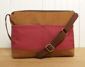 Tote Bag Sling Purse Cross Body in Mauve Raspberry Pink with Camel Tan