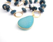 Chryscolla Necklace With Druzy Pendant - Rosary Style - Denim Blue - Turquoise - Gold - Wire Wrapped