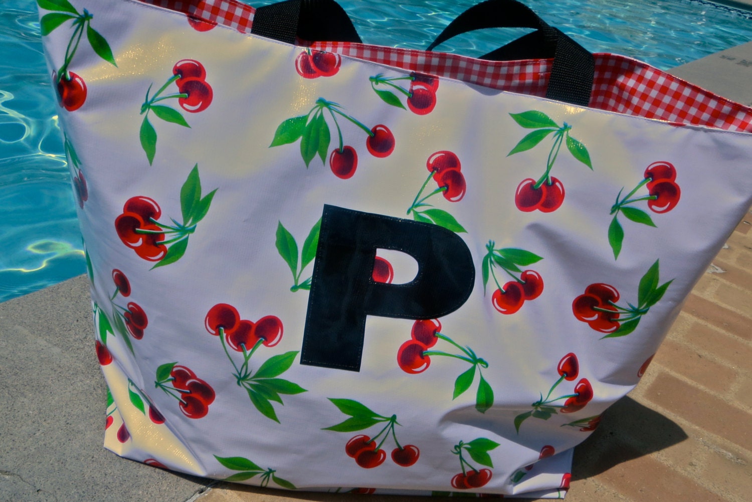 Monogrammed Extra Large Reversible Oilcloth Beach Tote Bag Personalized Monogram Initial