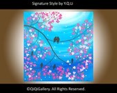 Large Square Abstract Landscape Handmade Painting Heavy Texture Impasto Tree Palette Knife Birds Flower Tree Wall Décor "A Perfect Day"
