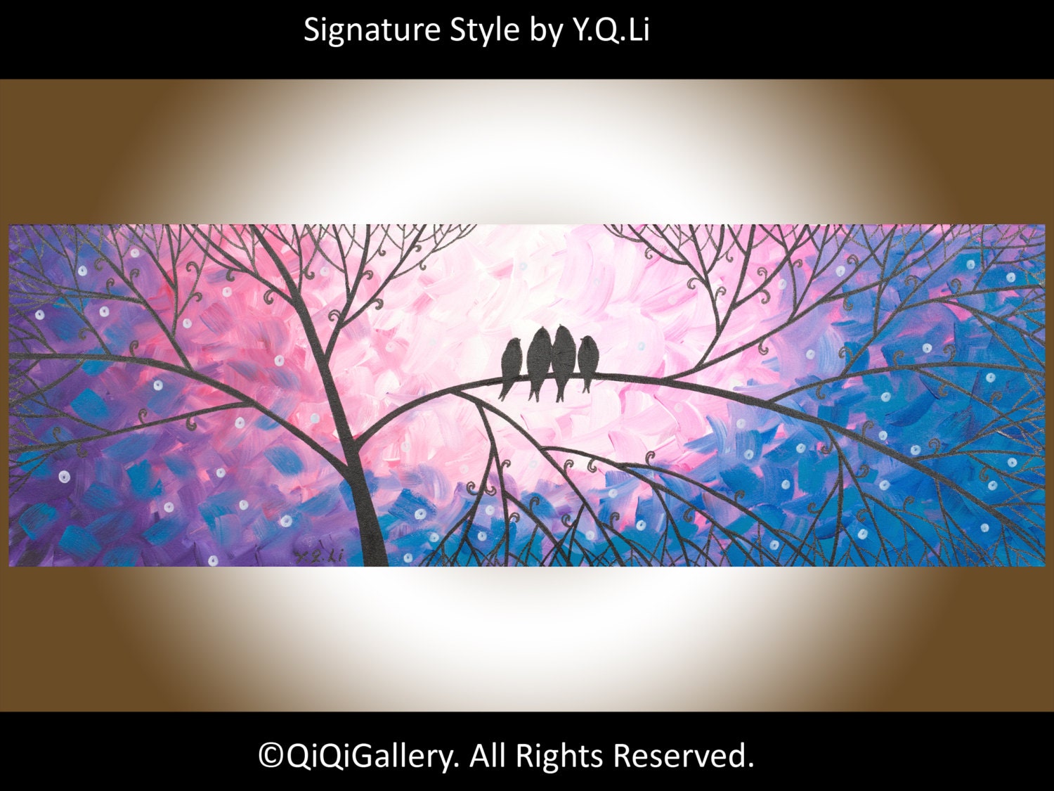 Abstract Landscape Painting Original Modern Heavy Texture Impasto Tree Branches Love Birds Wall Decor "Night in the Forest II"