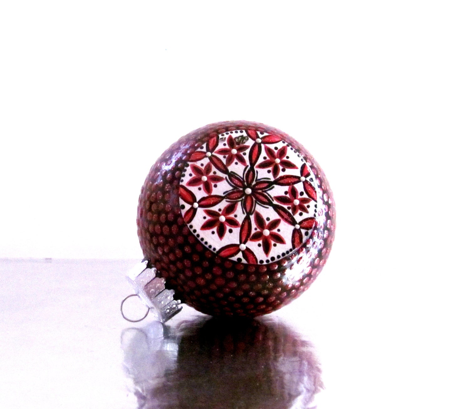 Red White and Black Glass Christmas Ornament Hand Painted