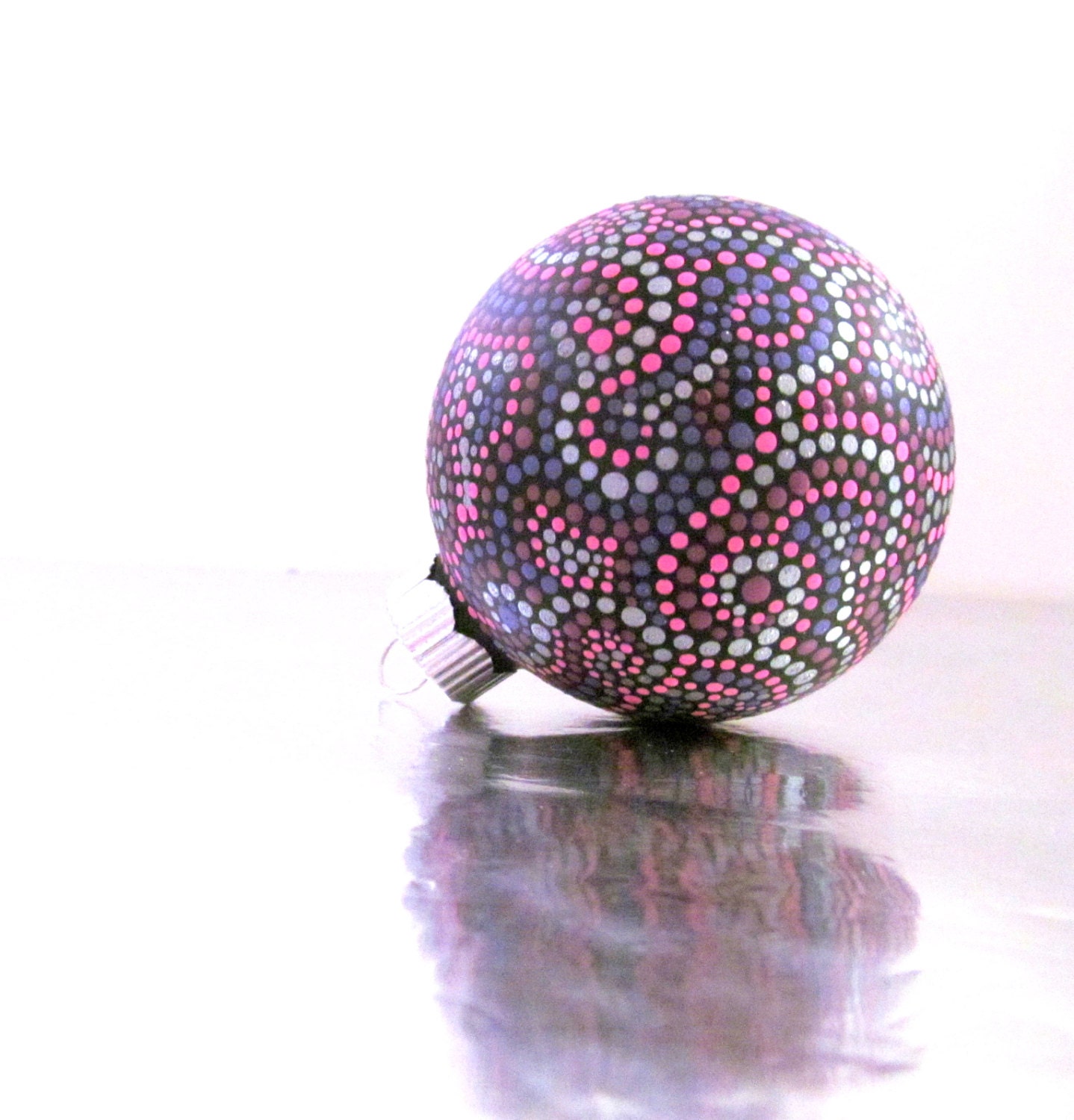 Pink Purple and SIlver Dotted Glass Ornament/Bauble Hand painted Pink and Silver