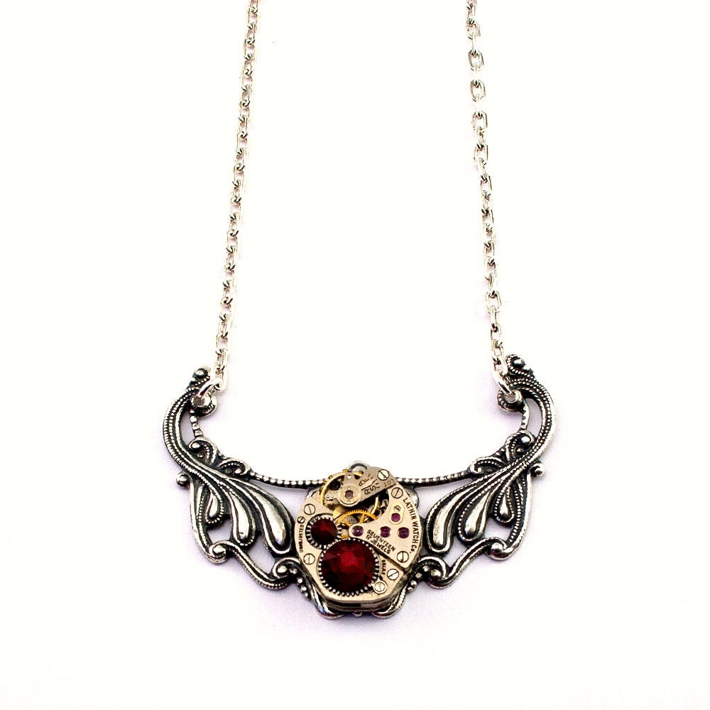Steampunk Necklace - Gorgeous Vintage Clockwork Design accented with Siam RED Swarovski Crystals - PROMPTLY SHIPPED - SteampunkJewelry