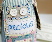 Precious - a primitive blue hand stitched vintage fabric softie with vintage button eyes