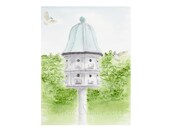 Birdhouse Watercolor painting Art PRINT blue Bird Shabby Cottage Chic Garden 8x10 Archival Nursery Home Decor