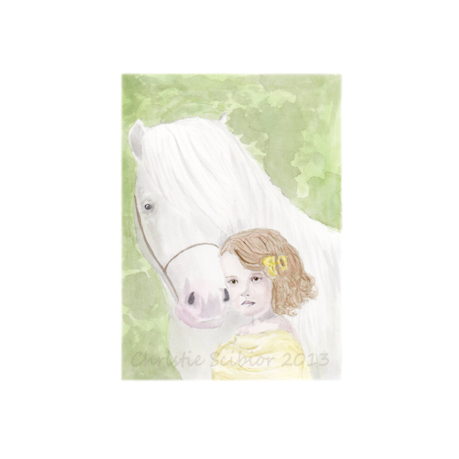 Art PRINT of Watercolor painting horse and girl animal painting, Country Farmhouse 8x10 Archival