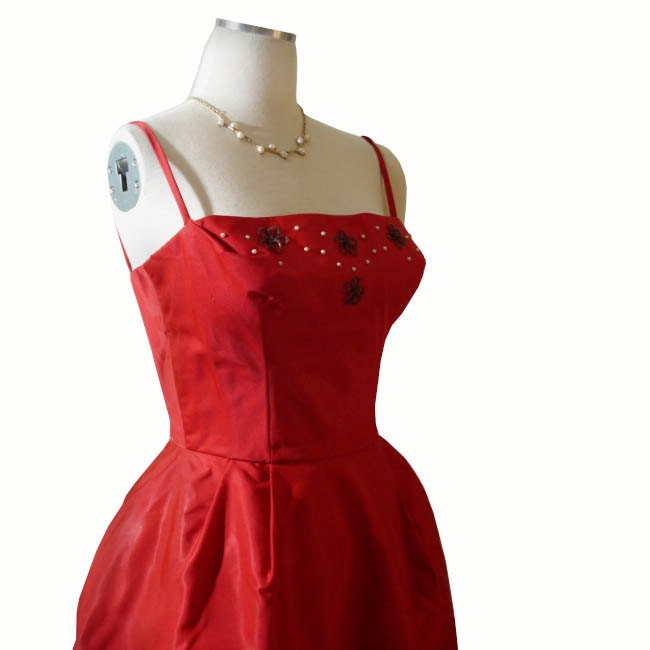 Vintage 60's Chili Pepper Red Full Skirt Dress - Vintage Red Dress Sculptural Full Skirt XS