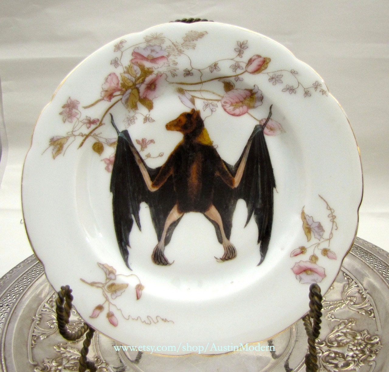 Victorian Fruit Bat Altered Vintage China Wall Plate Pink Flowers