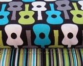 LAGOON DUO 1/2 Yd Groovy Guitars Lagoon, 1/2 Yd Play Stripe Lagoon Michael Miller Quilt Fabric - 1 Yd Total (not the dot)