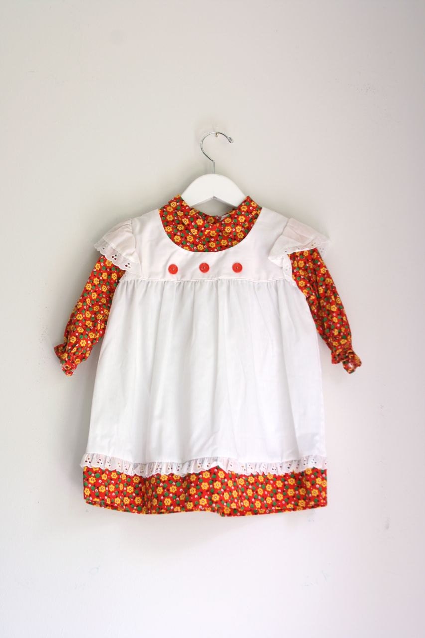 Vintage girls dress white pinafore with red calico fabric 3T