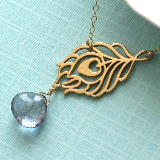 Peacock Feather Necklace, Pierced Pendant and Teardrop Blue Mystic Quartz, Gold, Blue Gemstone, Feather Charm, Peacock Necklace