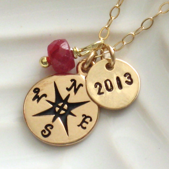 Compass Necklace with Birthstone, North Star, Journey Necklace, Graduation Gift,  Graduate  Gift, 2013, Graduation necklace