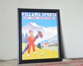 Vintage resort poster print framed golf caddy in the alps - villars sports tennis physique