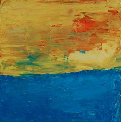 Acrylic Abstract Painting 6x6 Small Original on Canvas Board Sunrise Over Water Yellow Blue Red beach scene