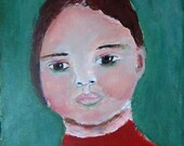 Acrylic Portrait Painting Monkey Mind Girl, Face, Green 6x6 canvas board