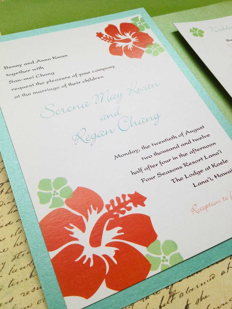 Hibiscus Wedding Invitation, hawaiian flowers, teal orange green