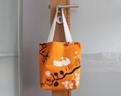 Reversible orange tote bag - Spring tote bag - Birds and branches tote bag