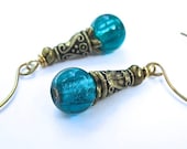Renaissance Earrings Teal Turquoise Murano Style Glass Beads, Antiqued Brass Scrollwork