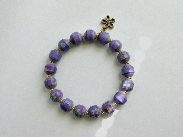 Violet Floral Paper Bead Bracelet - custom sizing, shipping included