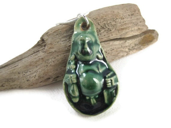 Ceramic Handmade Buddha Necklace Glazed Green Stoneware Clay