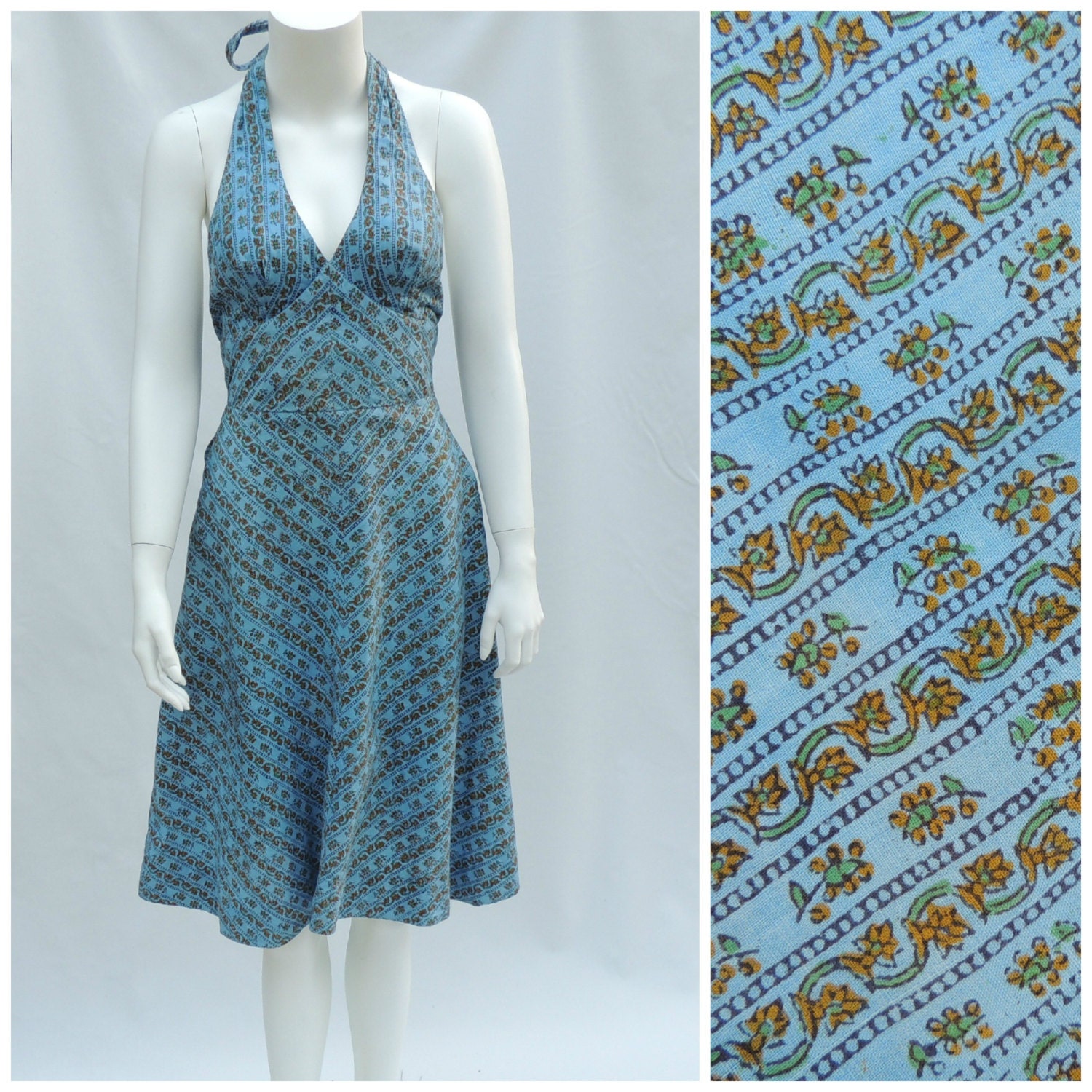 Vtg 70s Indian Cotton Blockprinted Halter Dress sz xs/s