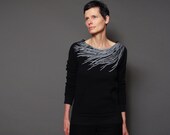 Spring Eco Fashion - Pure Black Eco Fleece Sweatshirt,  Modern Feather Print, Pullover Sweatshirt
