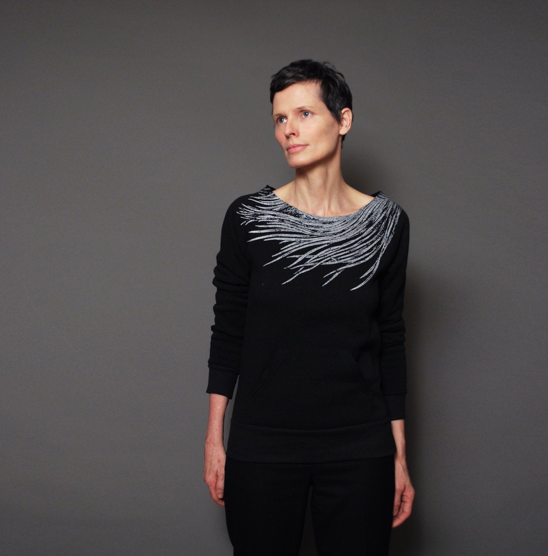Spring Eco Fashion - Pure Black Eco Fleece Sweatshirt,  Modern Feather Print, Pullover Sweatshirt