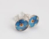 Sky Blue Forget Me Not in Sterling Silver Stud Earrings with Fine Art Image Transfer and Resin