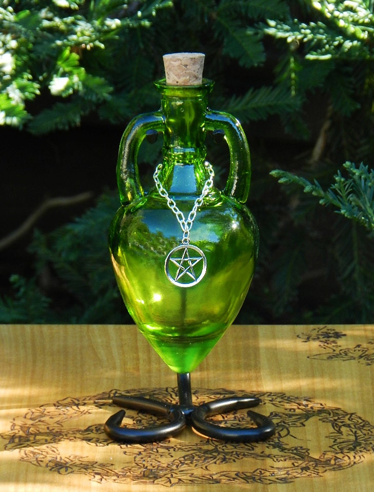 GREEN WITCH Ancient Magic Potion Bottle Vessel with Metal Stand - Emerald Chartreuse with Silver Pentacle Charm . Pagan Wicca WItchcraft